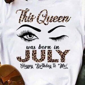 JULY Birthday Queen Leopard Letter Print Short Sleeve Women T-Shirt  Size Large